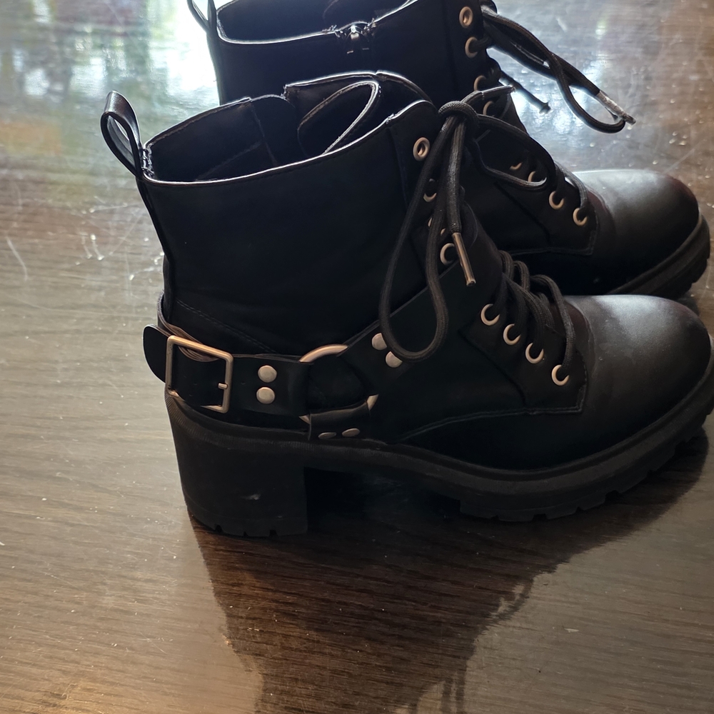 NOBO Black Lace-Up Chunky Heel Moto Combat Boots with Buckle